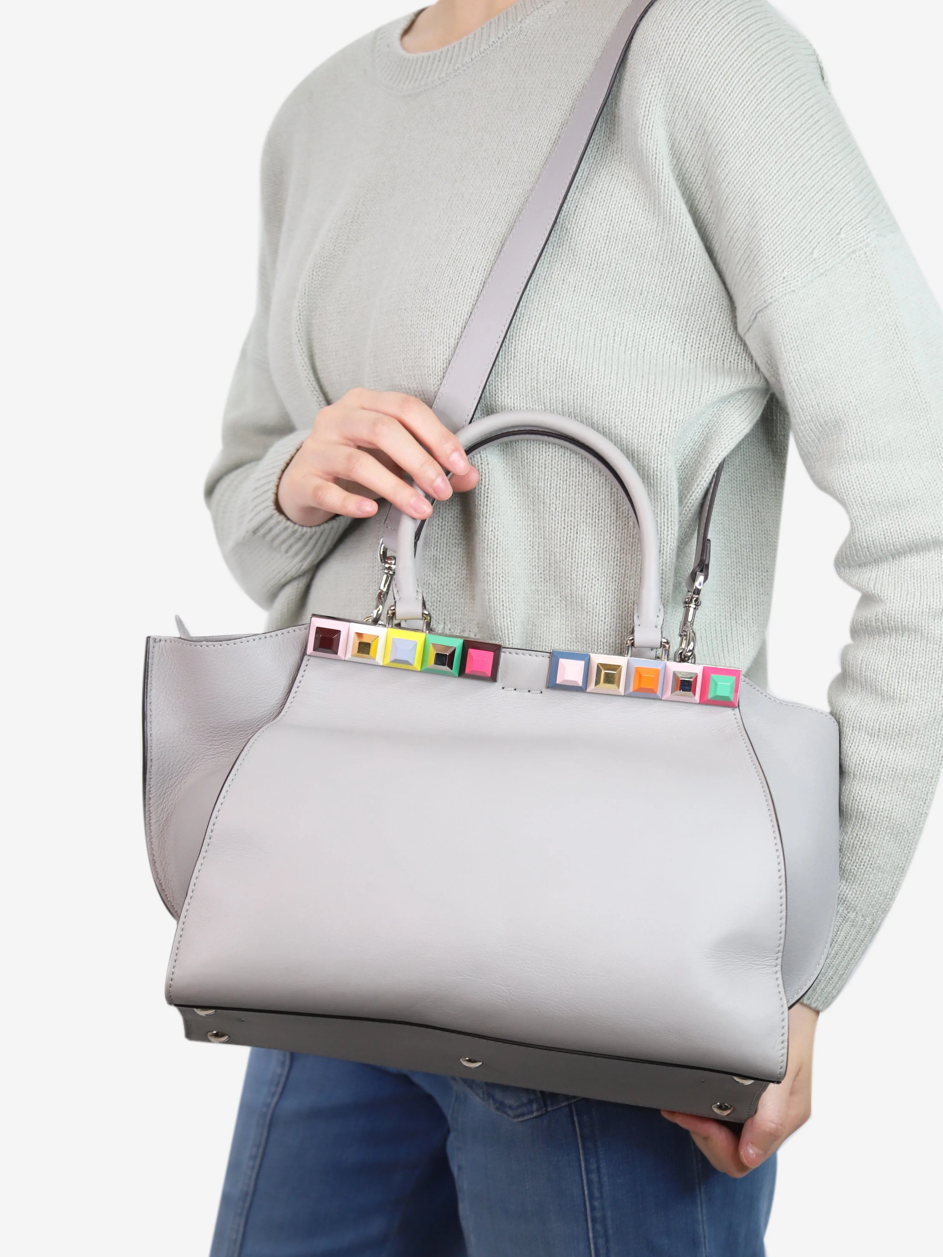 Grey leather studded 3Jours tote bag