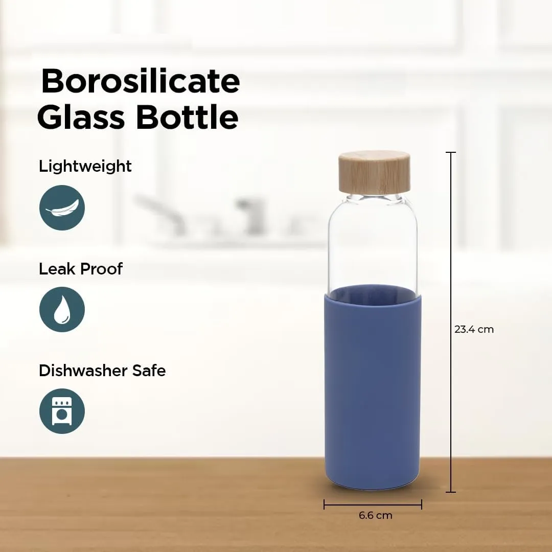 Heart Home Water Bottle | Glass Bottle | Sleeve Protection Bottle | Bamboo Lid Water Bottle | Travel Round Bottle | 550 ML | Blue