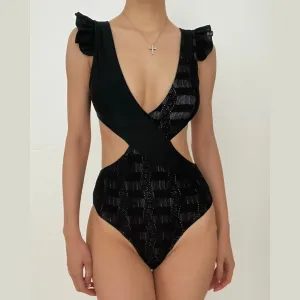 Hollow out textured ruffle padded one piece swimwear