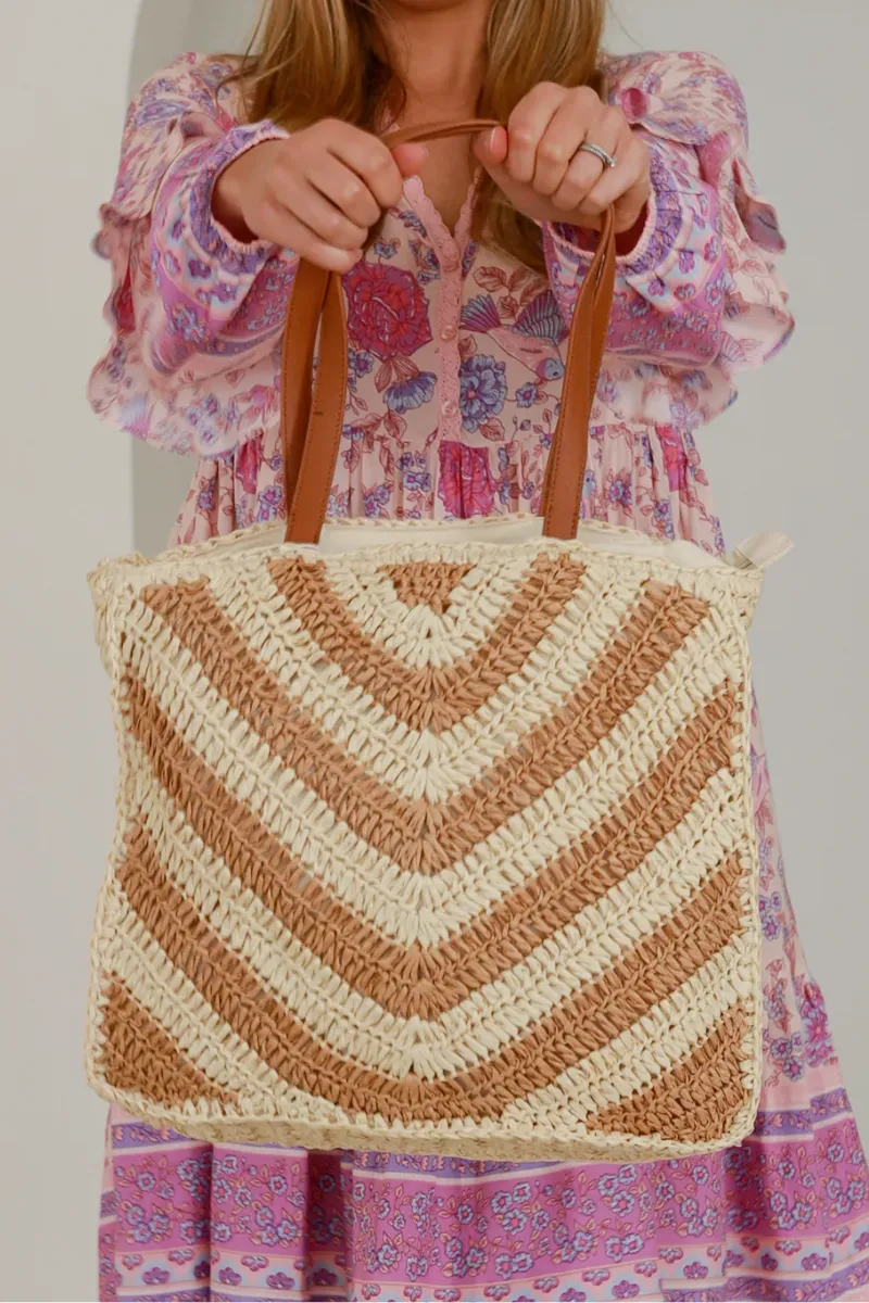 Isabella Boho Waves Straw Natural Beach Bag