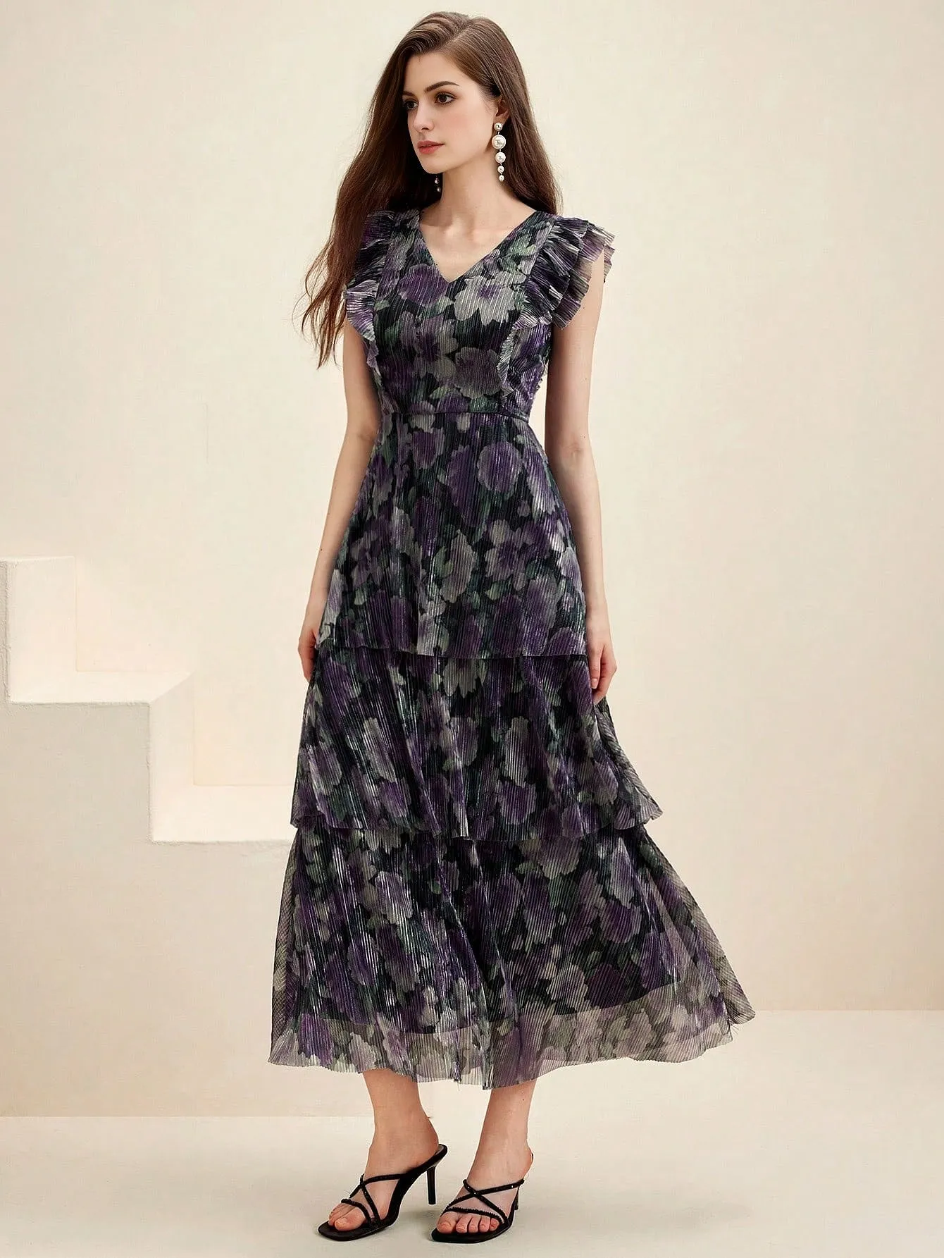 Isabella Summer Casual Floral Printed Ruffle Hem Decorated Midi Dress