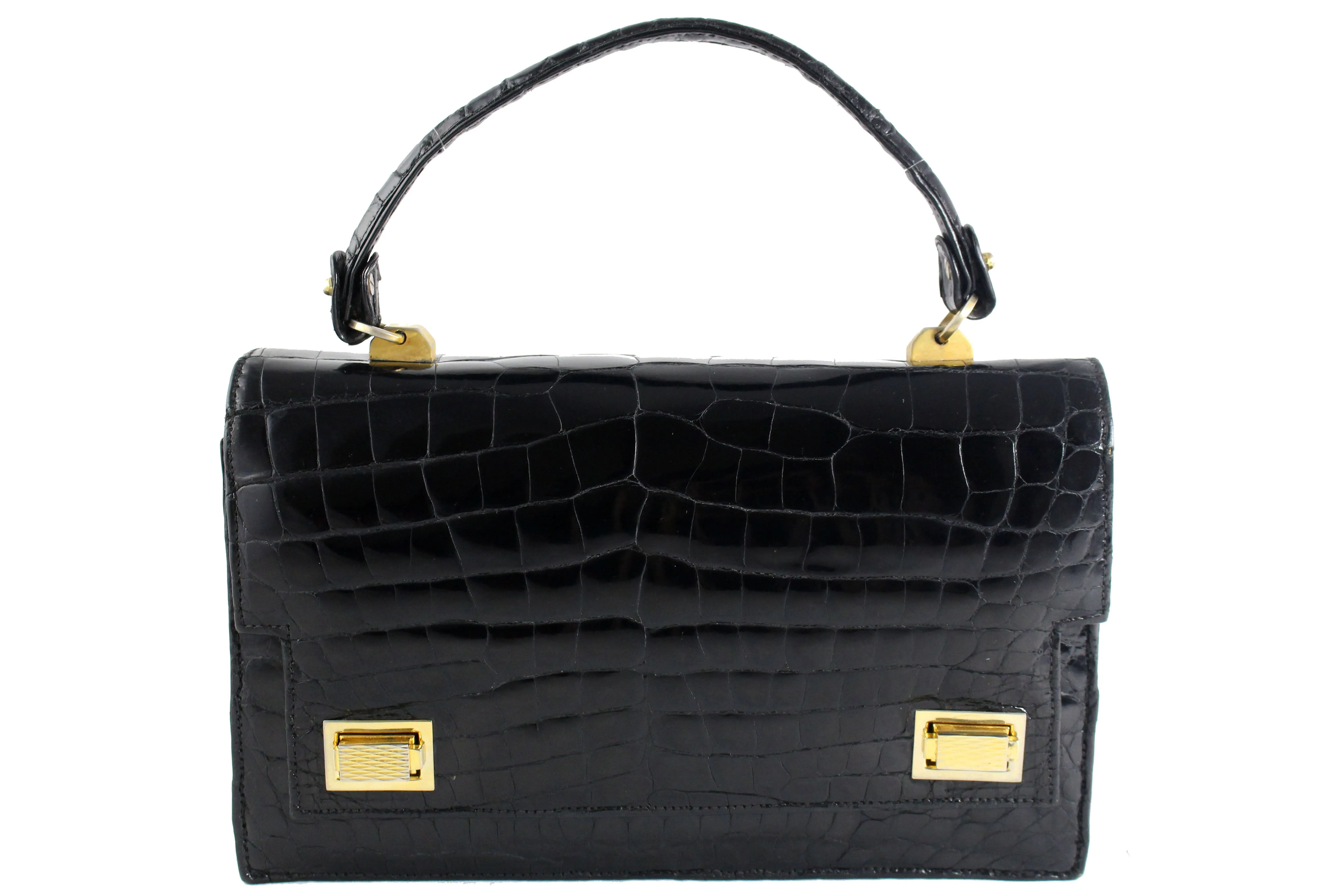 Jet black crocodile skin handbag with flap and double clasp