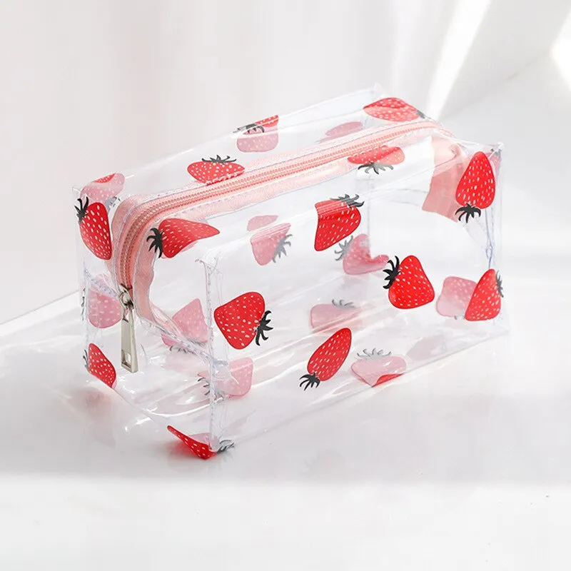 Kawaii Cute Transparent Cosmetic Bag Large Capacity Portable New Print Fruit Heart Pattern Pencil Case Makeup Storage Bag