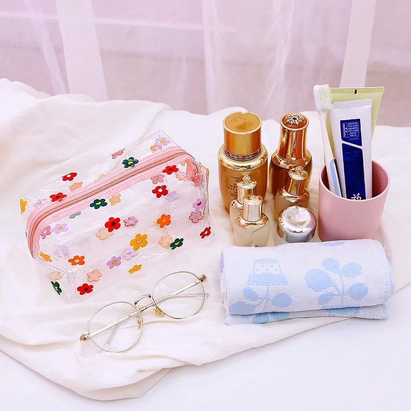 Kawaii Cute Transparent Cosmetic Bag Large Capacity Portable New Print Fruit Heart Pattern Pencil Case Makeup Storage Bag