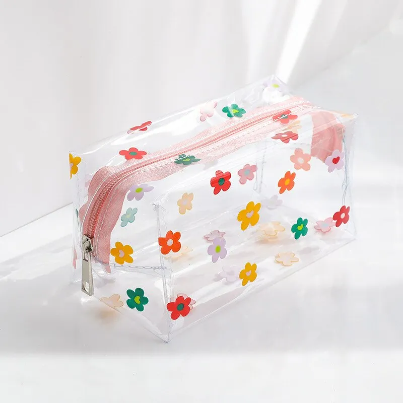 Kawaii Cute Transparent Cosmetic Bag Large Capacity Portable New Print Fruit Heart Pattern Pencil Case Makeup Storage Bag