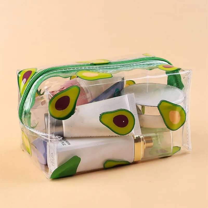 Kawaii Cute Transparent Cosmetic Bag Large Capacity Portable New Print Fruit Heart Pattern Pencil Case Makeup Storage Bag