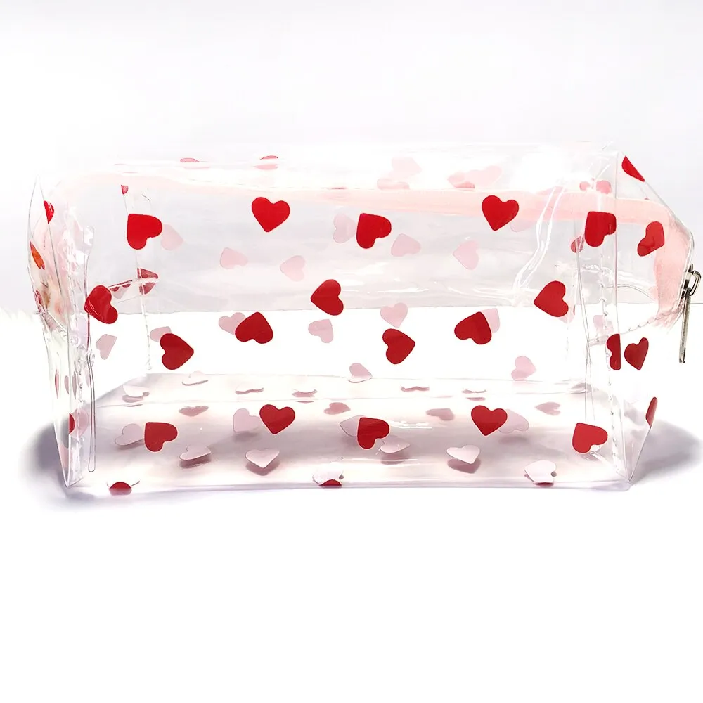 Kawaii Cute Transparent Cosmetic Bag Large Capacity Portable New Print Fruit Heart Pattern Pencil Case Makeup Storage Bag