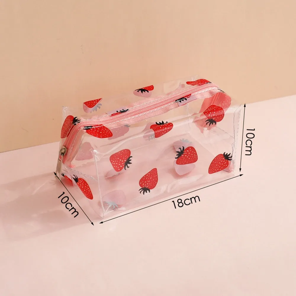 Kawaii Cute Transparent Cosmetic Bag Large Capacity Portable New Print Fruit Heart Pattern Pencil Case Makeup Storage Bag