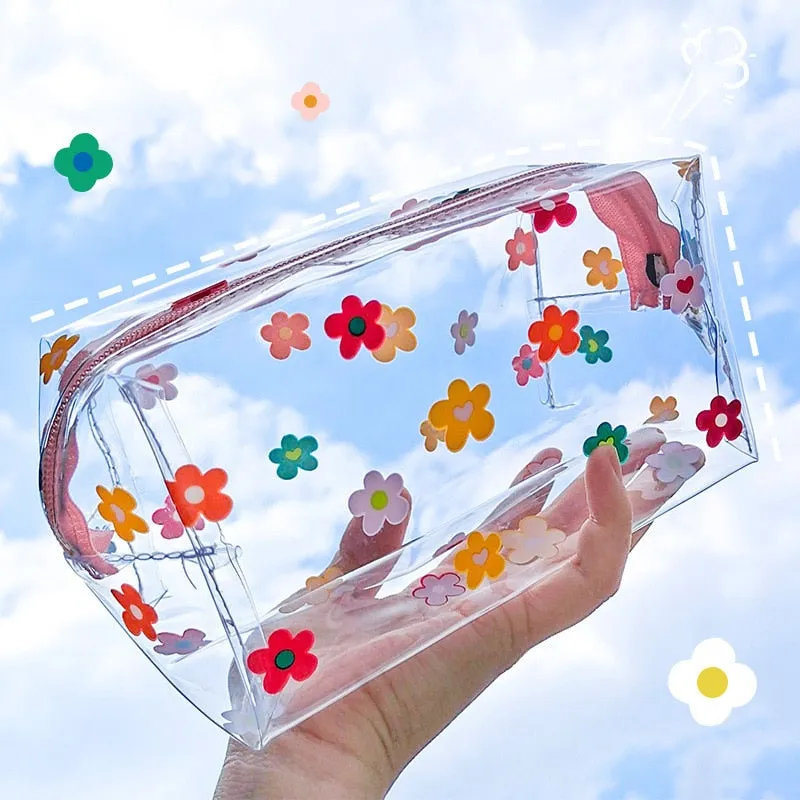 Kawaii Cute Transparent Cosmetic Bag Large Capacity Portable New Print Fruit Heart Pattern Pencil Case Makeup Storage Bag