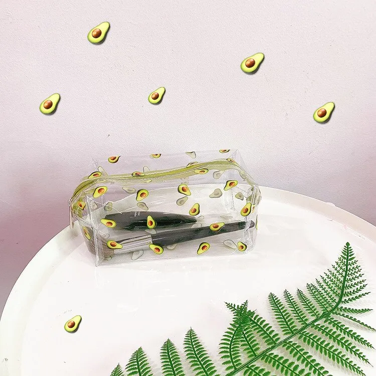 Kawaii Cute Transparent Cosmetic Bag Large Capacity Portable New Print Fruit Heart Pattern Pencil Case Makeup Storage Bag