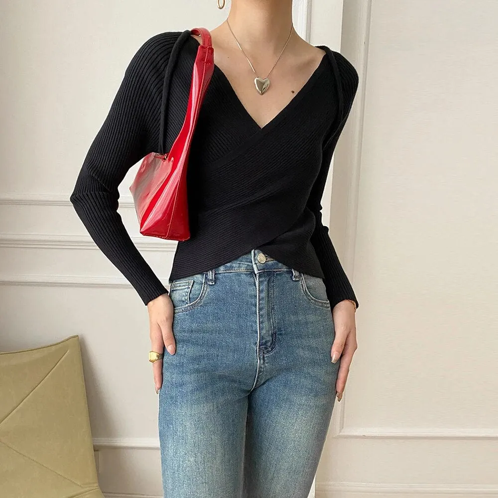 Knitting Solid Sweater For Women V Neck Long Sleeve Pullover Casual Slim Temperament Sweater Female Fashion Clothes