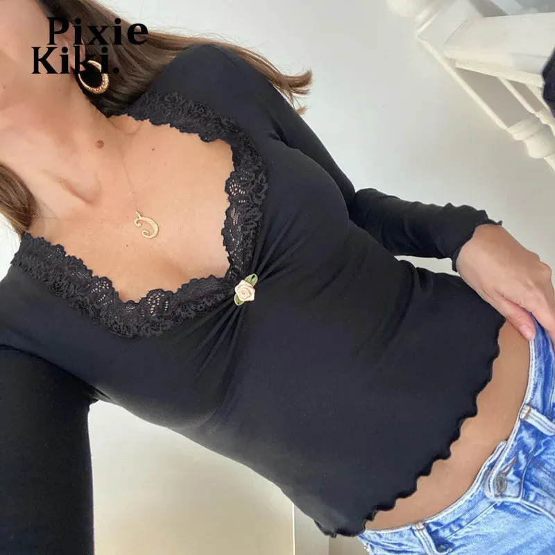 Lace Trim V Neck Long Sleeve Crop Tops Women 2024 Fall Winter Basic Casual Slim Fitted Black T Shirts P84-BA20