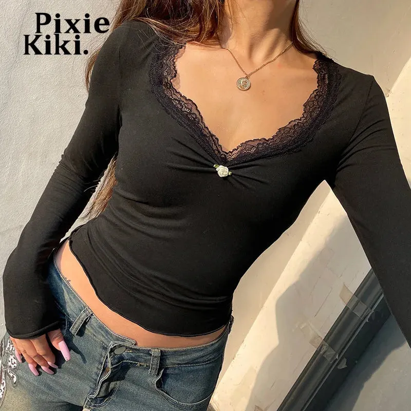 Lace Trim V Neck Long Sleeve Crop Tops Women 2024 Fall Winter Basic Casual Slim Fitted Black T Shirts P84-BA20