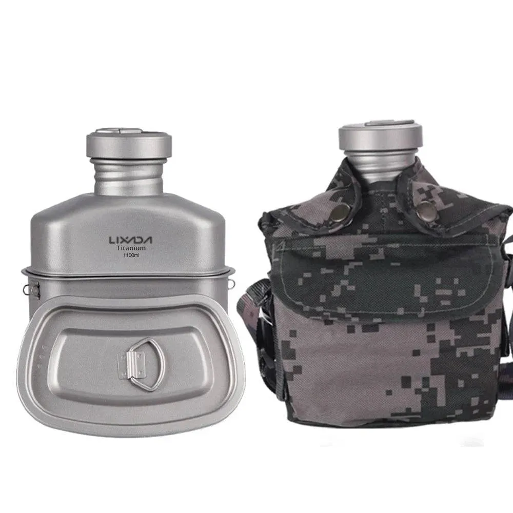 Lixada Titanium Water Bottle Outdoor Cups Set Ultralight Cooking Tableware Camping Cookware Drinking Kettle with Camouflage Bag