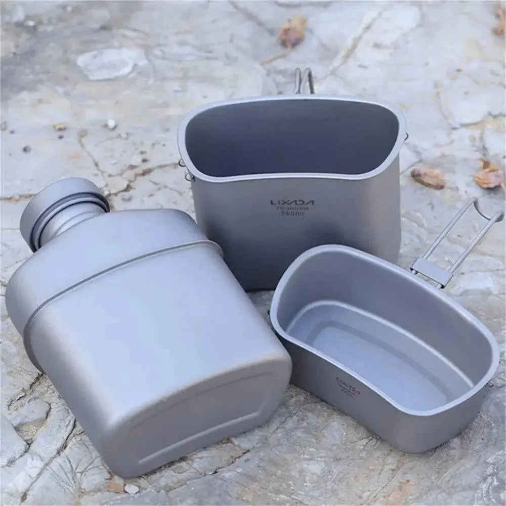 Lixada Titanium Water Bottle Outdoor Cups Set Ultralight Cooking Tableware Camping Cookware Drinking Kettle with Camouflage Bag