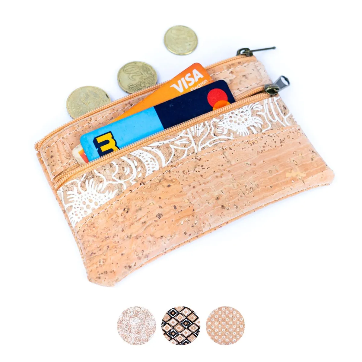 Long White Printed Cork Coin Purse with Dual Zipper Pockets BAGP-039 (5units)