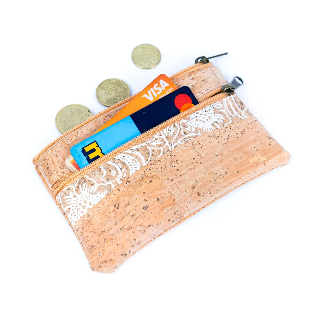 Long White Printed Cork Coin Purse with Dual Zipper Pockets BAGP-039 (5units)