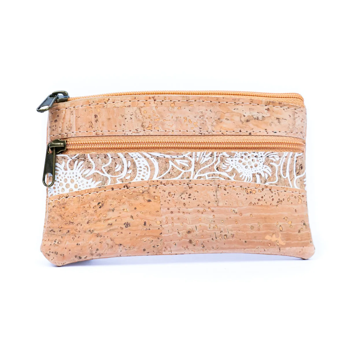 Long White Printed Cork Coin Purse with Dual Zipper Pockets BAGP-039 (5units)