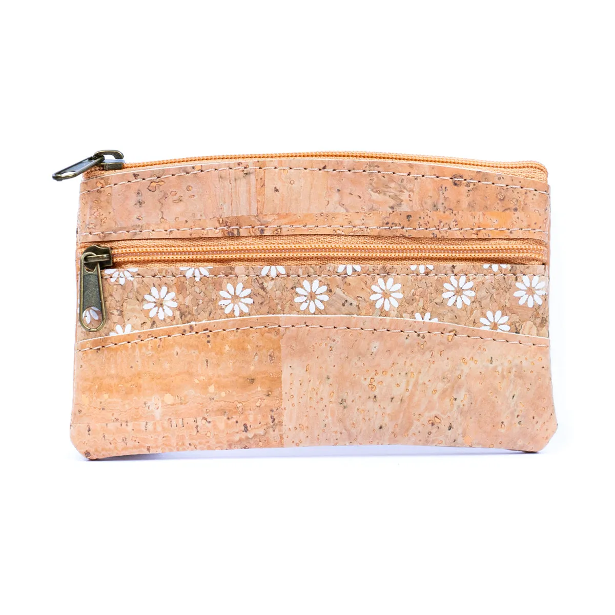 Long White Printed Cork Coin Purse with Dual Zipper Pockets BAGP-039 (5units)