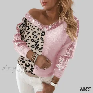 Loose Soft Sequin Stitching Leopard Print Long Sleeve Pullover