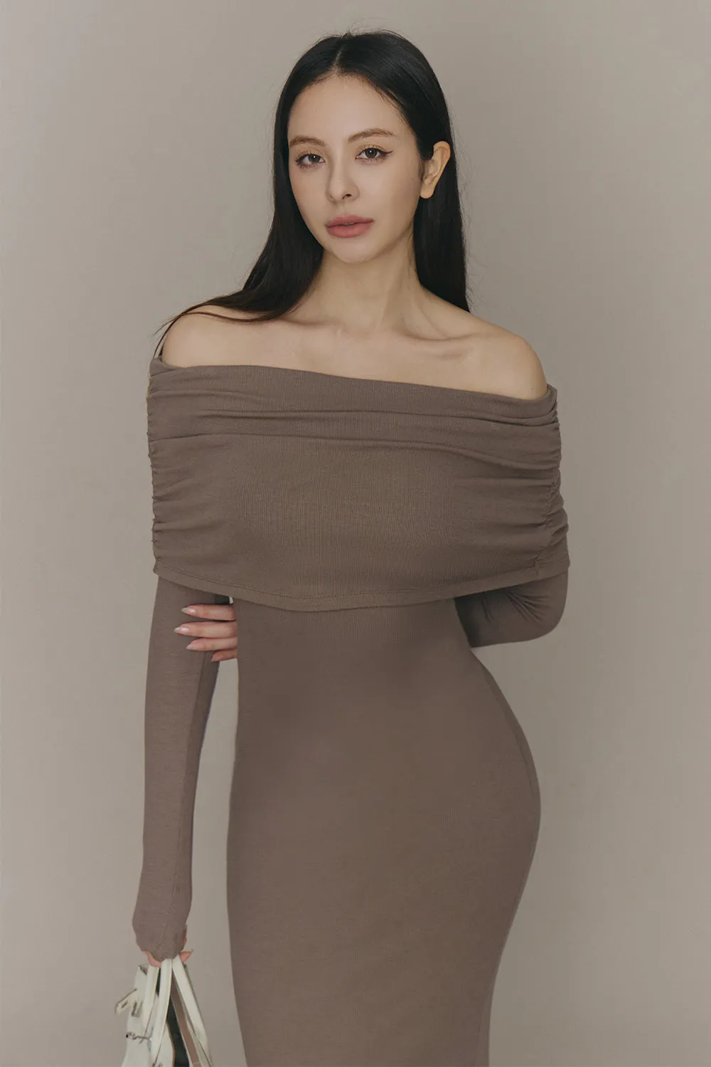 一見鍾情羅紋翻領魚尾襯墊長洋裝<br>Elegant Rib Knit Fold Over Fishtail Maxi Bra Dress