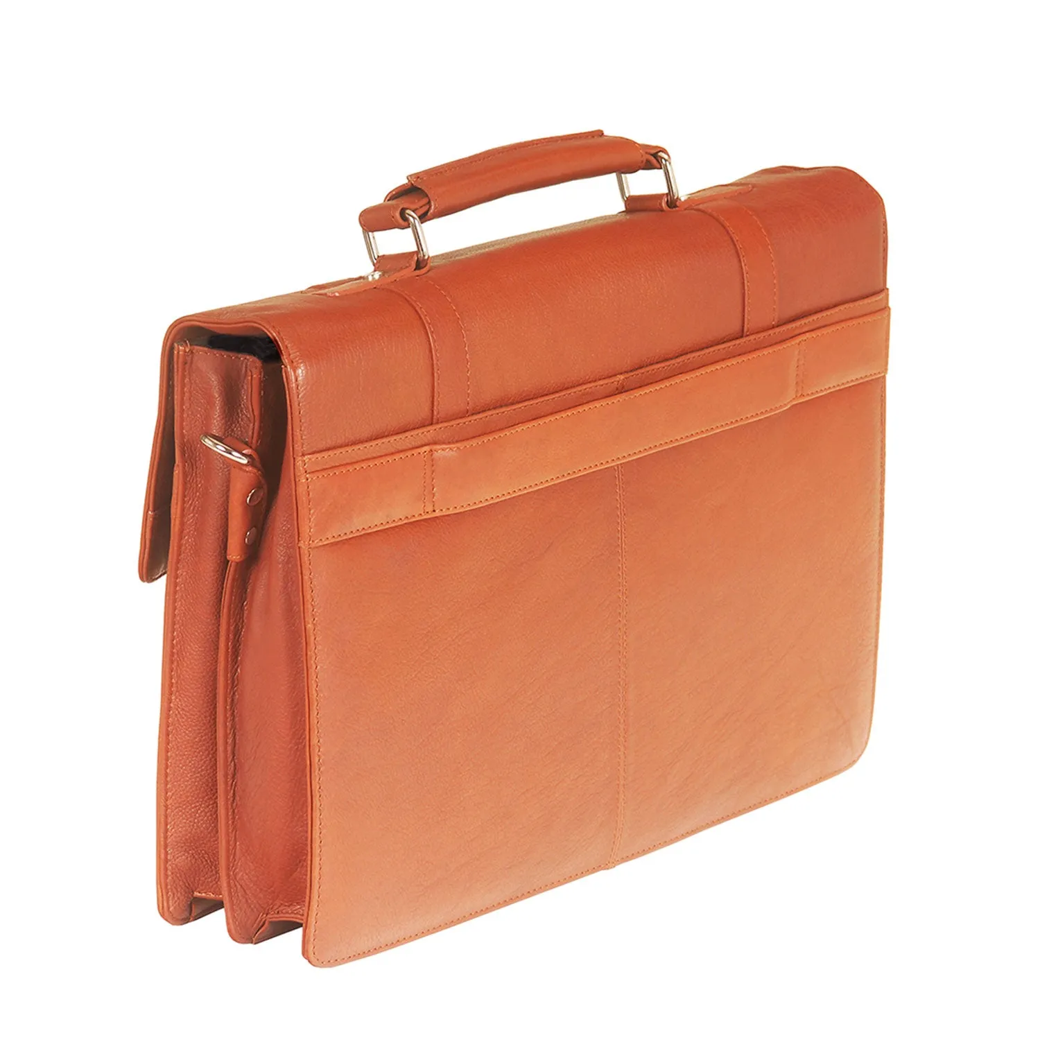 Mancini Leather Double Compartment Flap Briefcase for 15.6" Laptop / Tablet, 16" x 4" x 12", Cognac