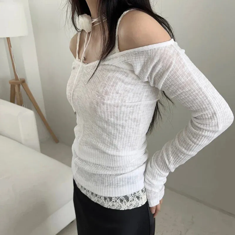 Metaversmall Autumn Korean Fashion White Women T-shirts Long Sleeve Slim Two Pieces Set Girls New Top Folds Basic Clothes Cute