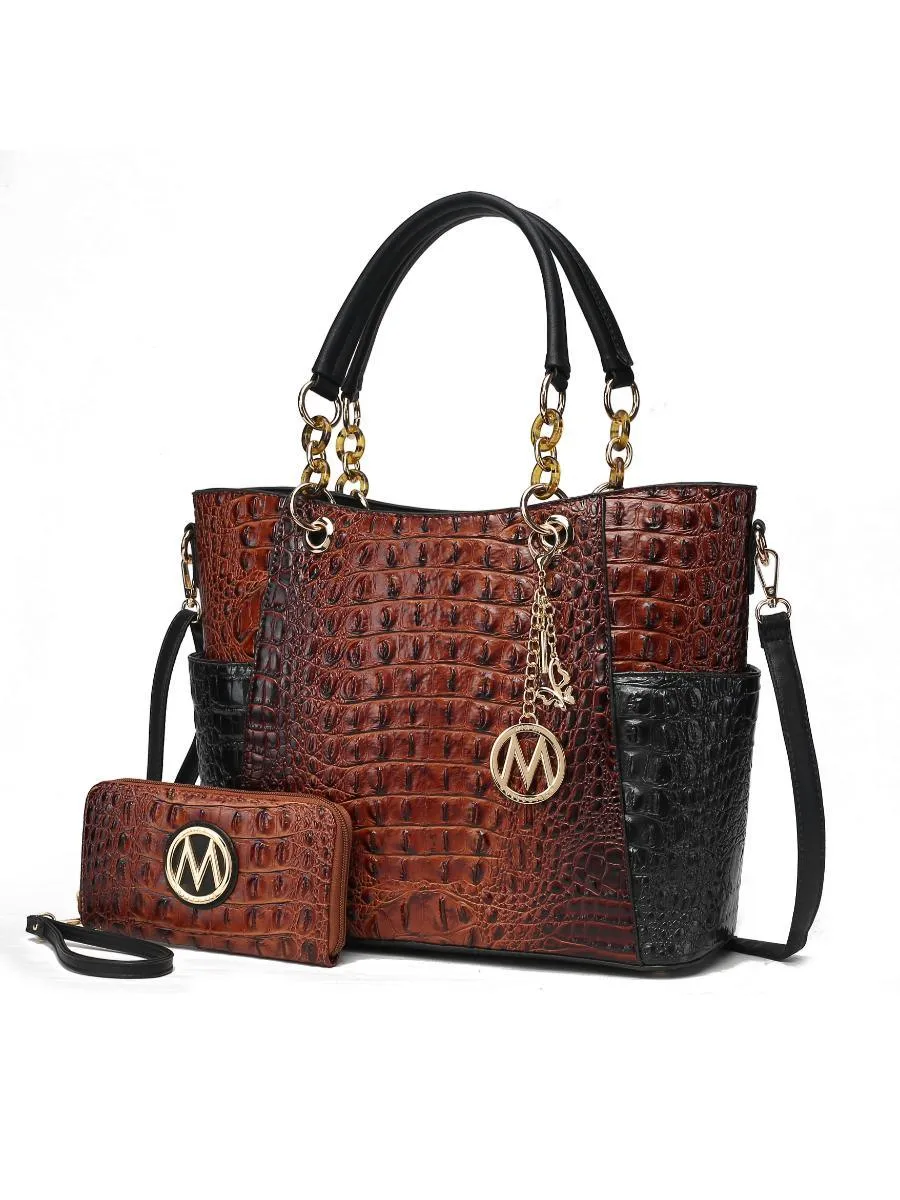 MKF Collection Merlina Faux Crocodile Embossed Vegan Leather Women Tote Bag with matching Wallet by Mia k