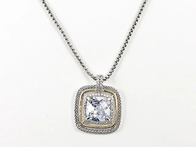 Modern Layered Square Shape With Center CZ & Two Tone Design Brass Necklace