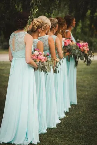 New Arrival A-Line V-Neck Floor-Length Mint Open Back Chiffon Bridesmaid Dress with SWK12954