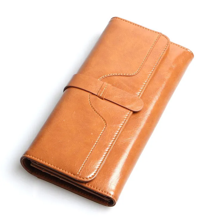 New Fashion Oil Wax Leather Retro 100% Genuine Leather Wallet Medium-Long Wallets Organizer Carteira Wallets For Woman