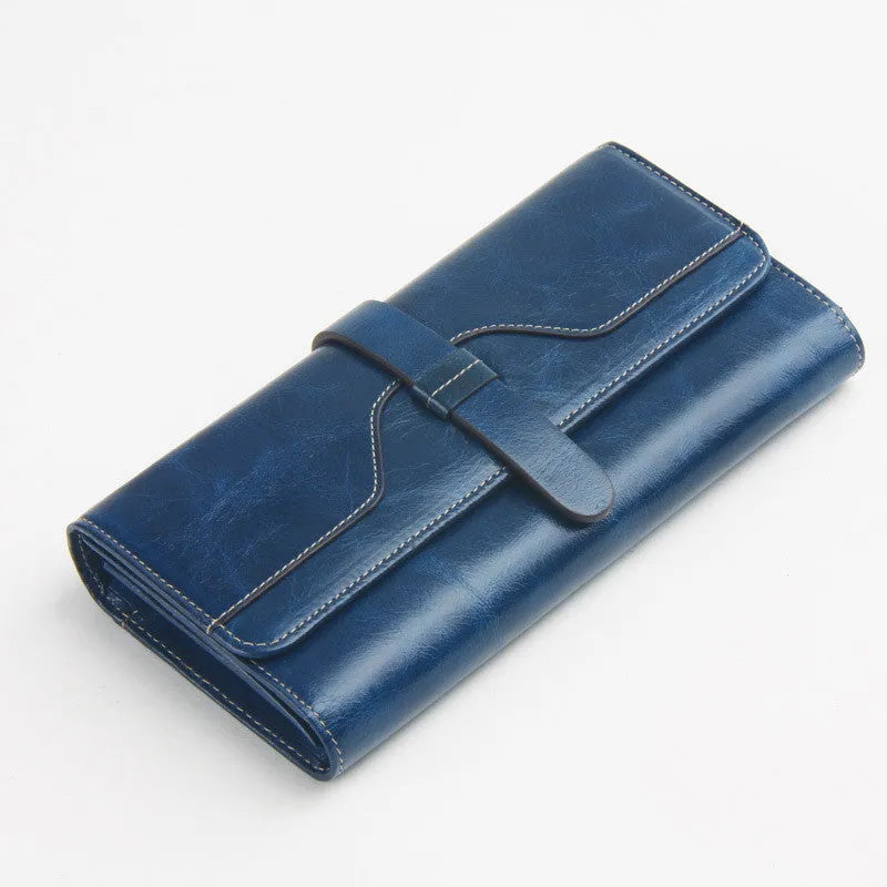 New Fashion Oil Wax Leather Retro 100% Genuine Leather Wallet Medium-Long Wallets Organizer Carteira Wallets For Woman