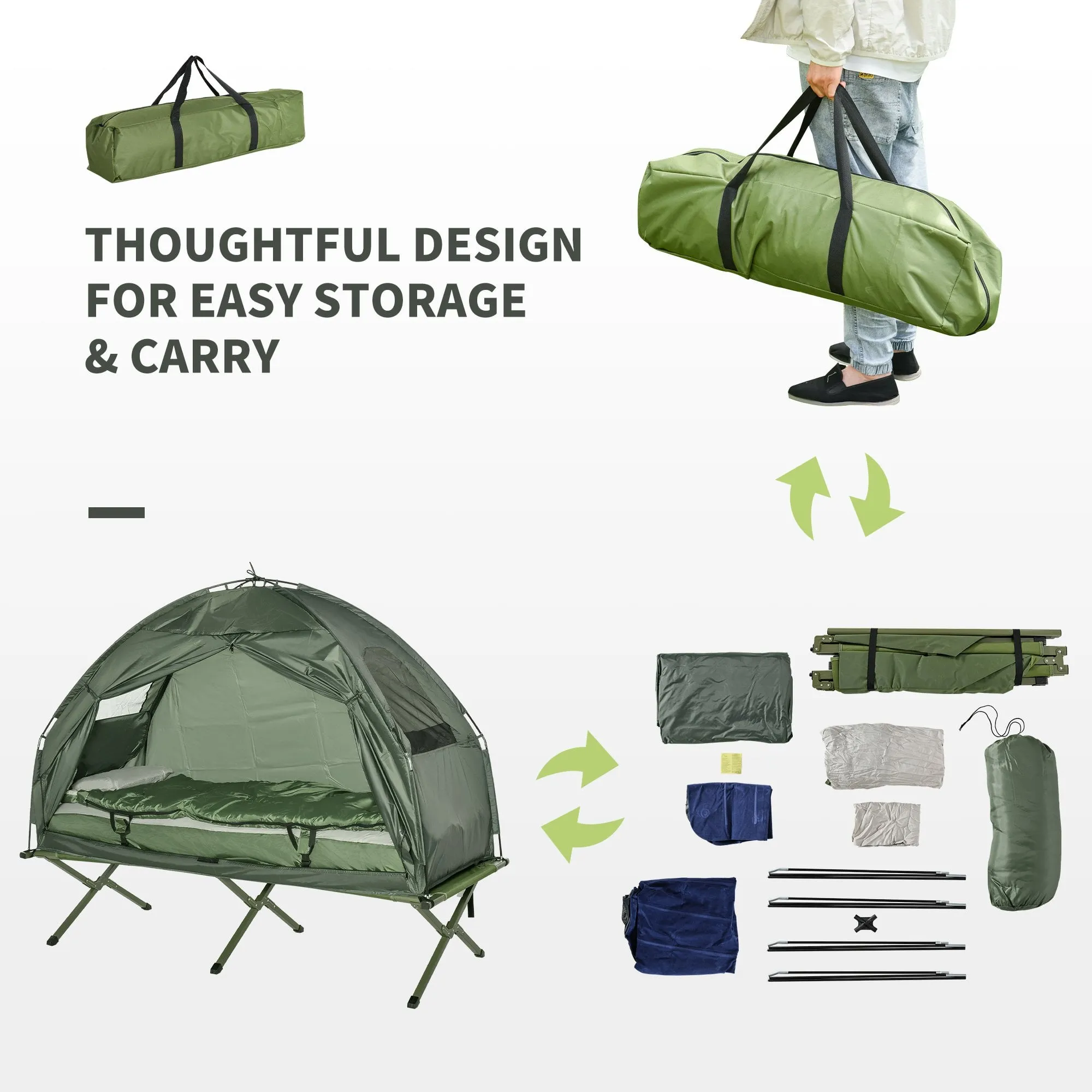 Outsunny Sleeping Bag Tent 1 person Foldable Camping Air Mattress Outdoor Hiking Picnic Bed cot Foot Pump Camp Army Green