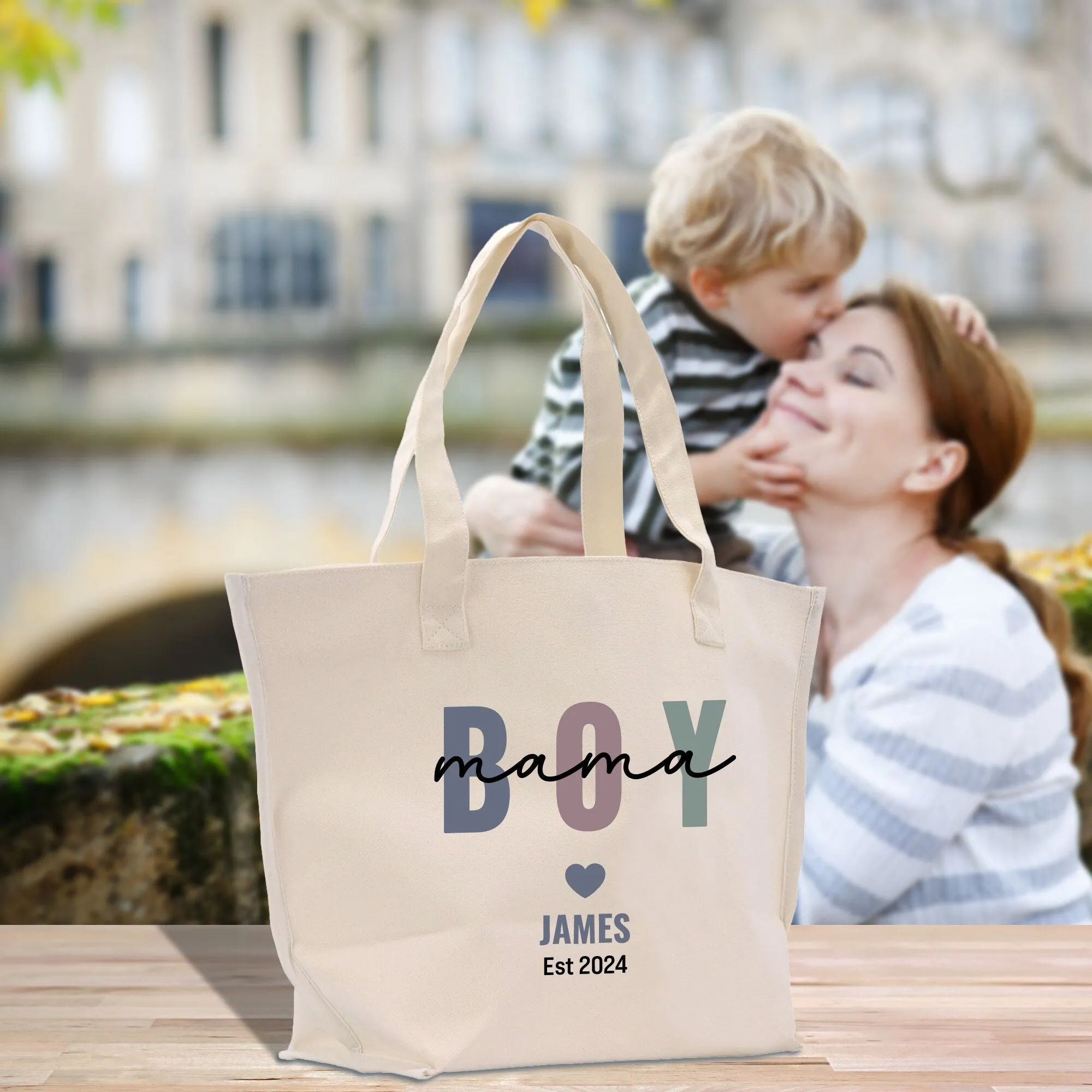 Personalized Boy Mom Name and Year Cotton Canvas Hand Bag Mama Hand Bag Mom Stuff Bag Mommy Bag New Mom Gift Boy Mama Hand Bag (BMTB1002)