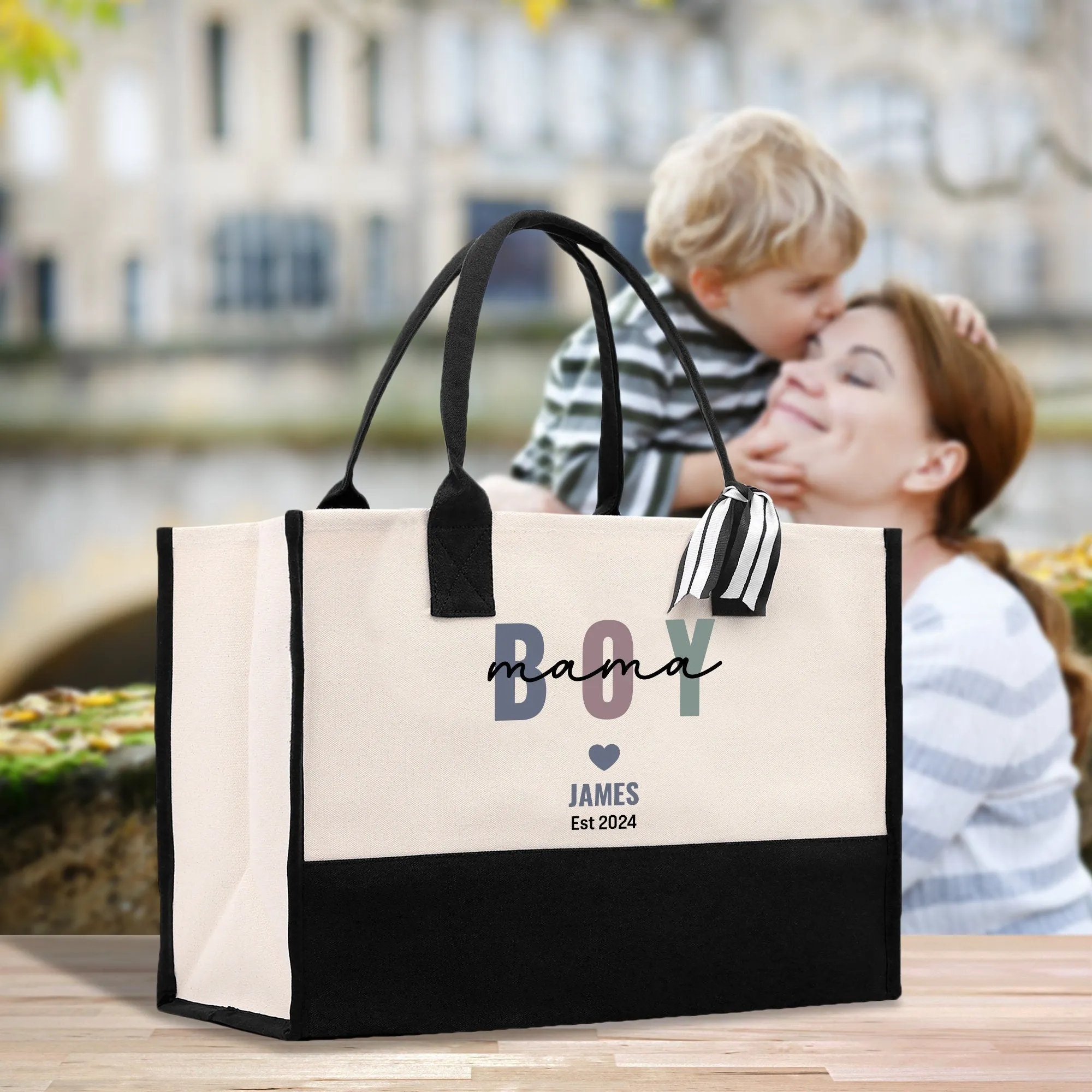 Personalized Boy Mom Name and Year Cotton Canvas Tote Bag Mama Tote Mom Stuff Bag Mommy Bag New Mom Gift Boy Mama Tote (BMTB1001)