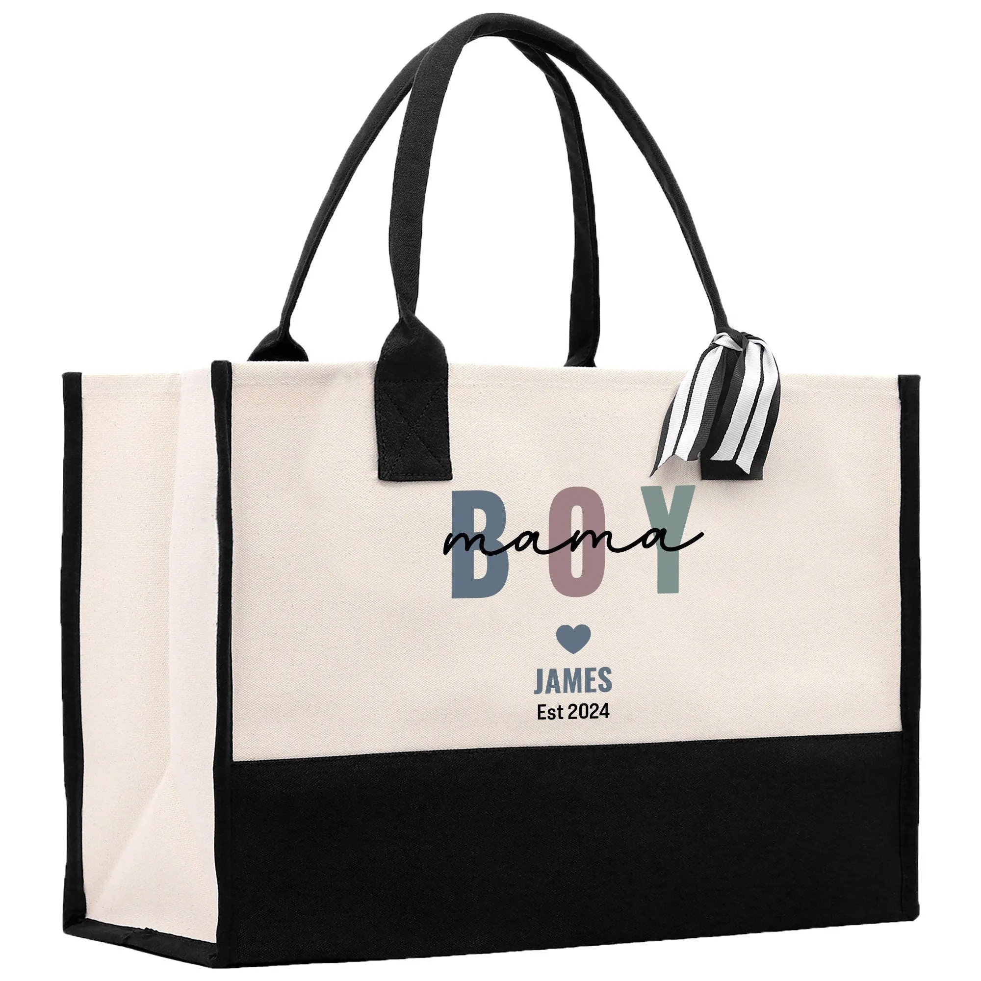 Personalized Boy Mom Name and Year Cotton Canvas Tote Bag Mama Tote Mom Stuff Bag Mommy Bag New Mom Gift Boy Mama Tote (BMTB1001)