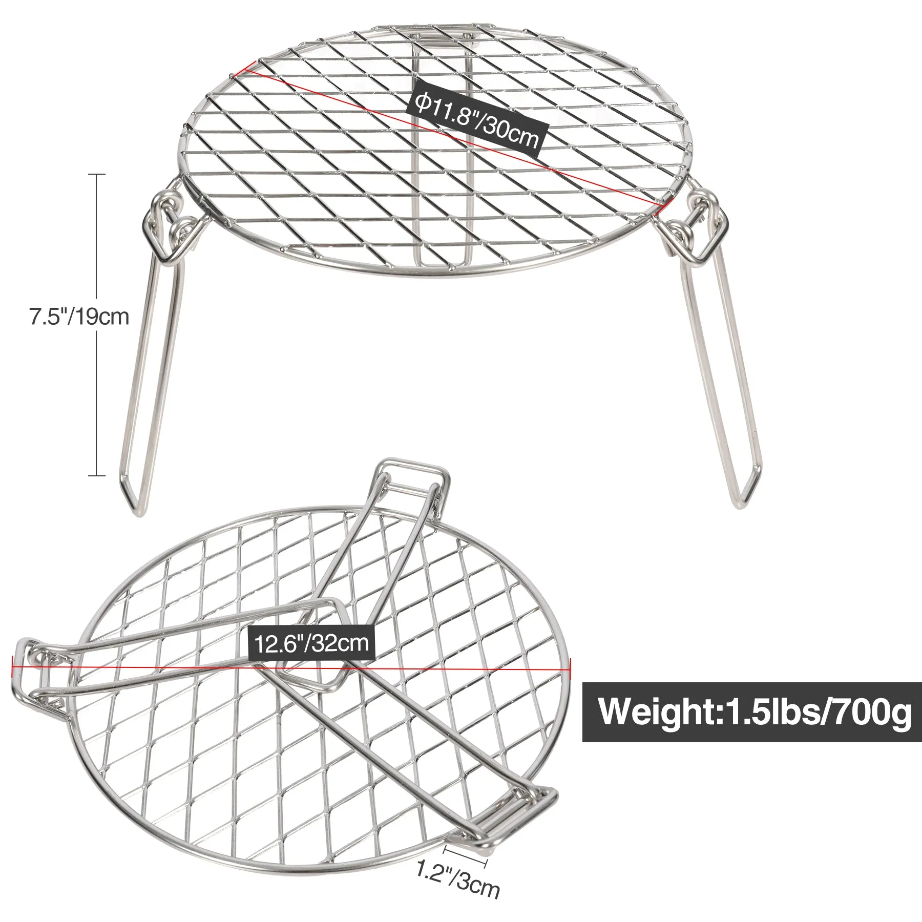 Portable Round Campfire Grill Grate with Foldable Legs, 12”