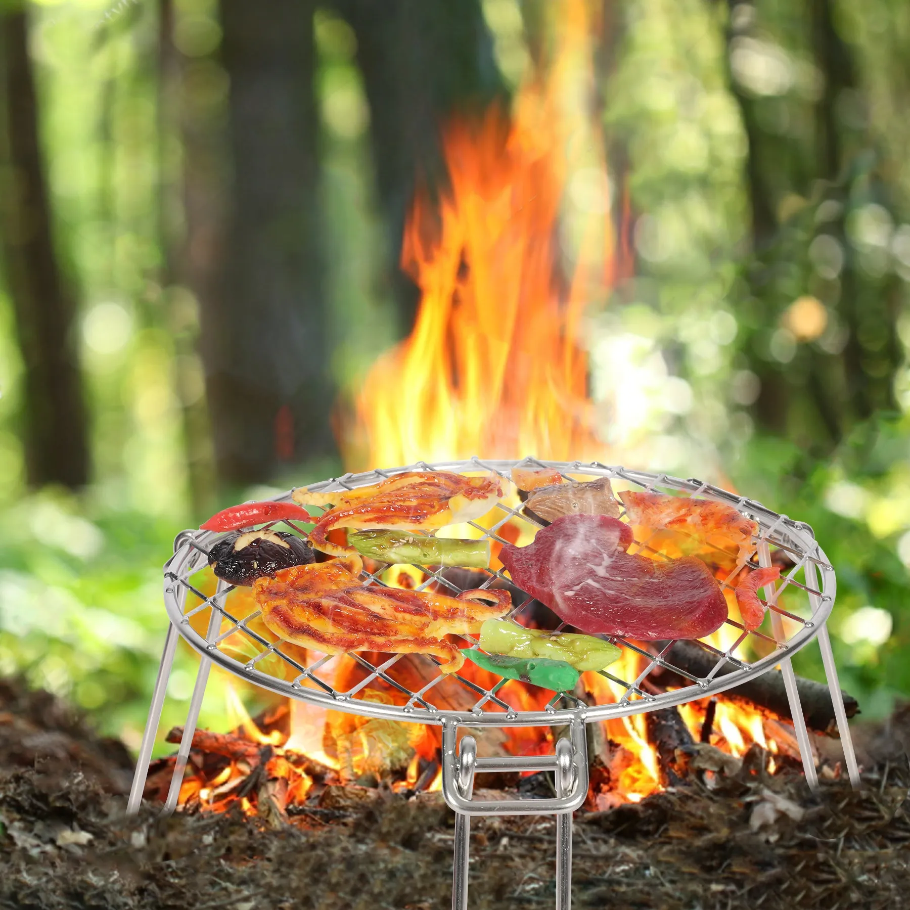 Portable Round Campfire Grill Grate with Foldable Legs, 12”