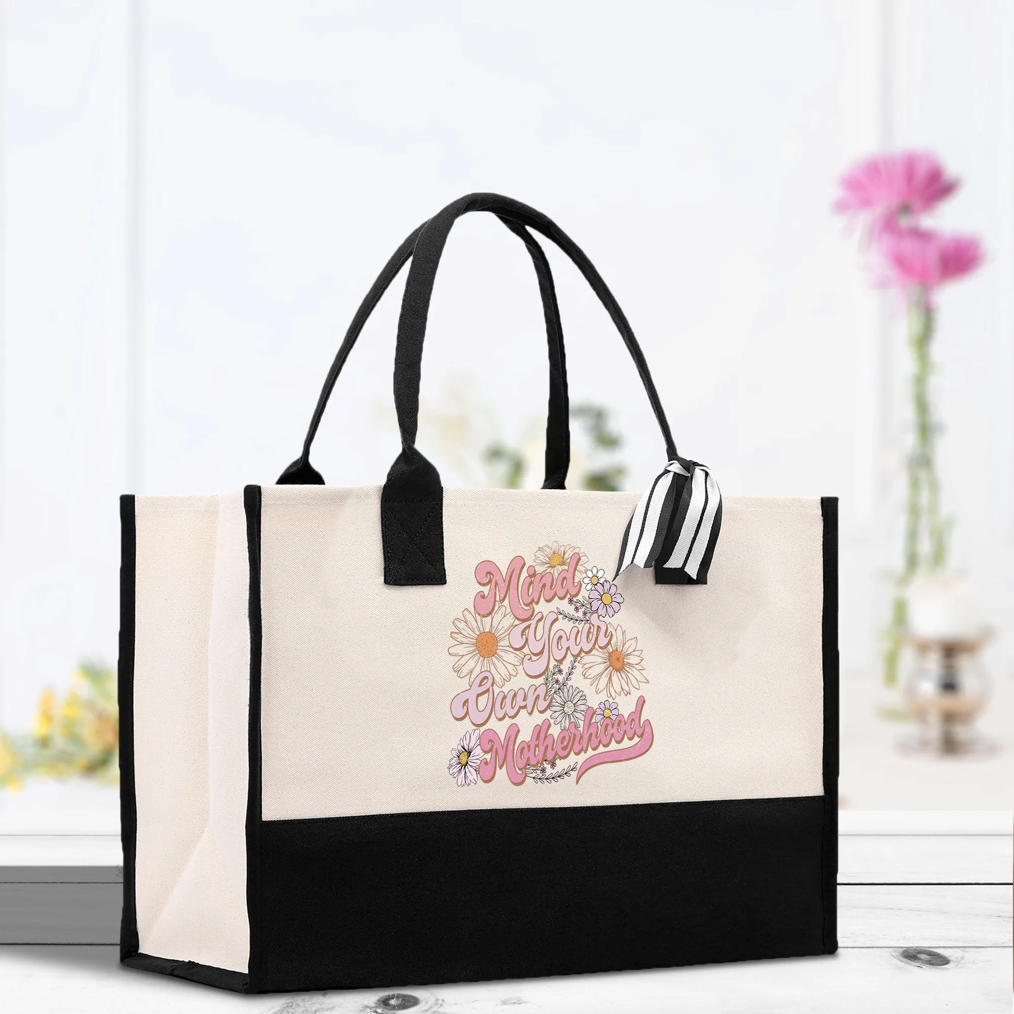 Retro Colorful Floral Mind Your Own Motherhood Cotton Canvas Tote Bag Mom Gift Mom Bag Mom Shopping Bag New Mom Gift Boy Girl Mama Tote