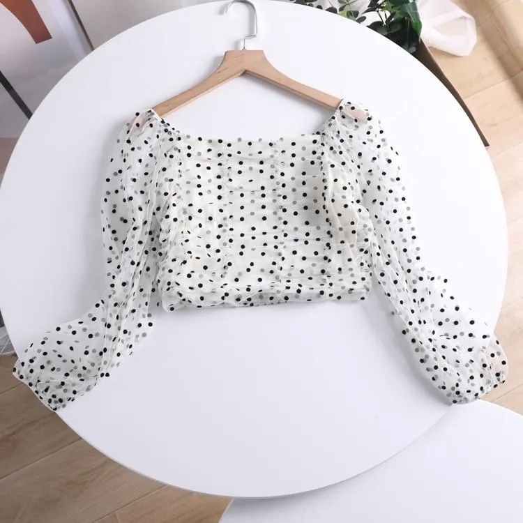 Ruched Polka Square Neck Top