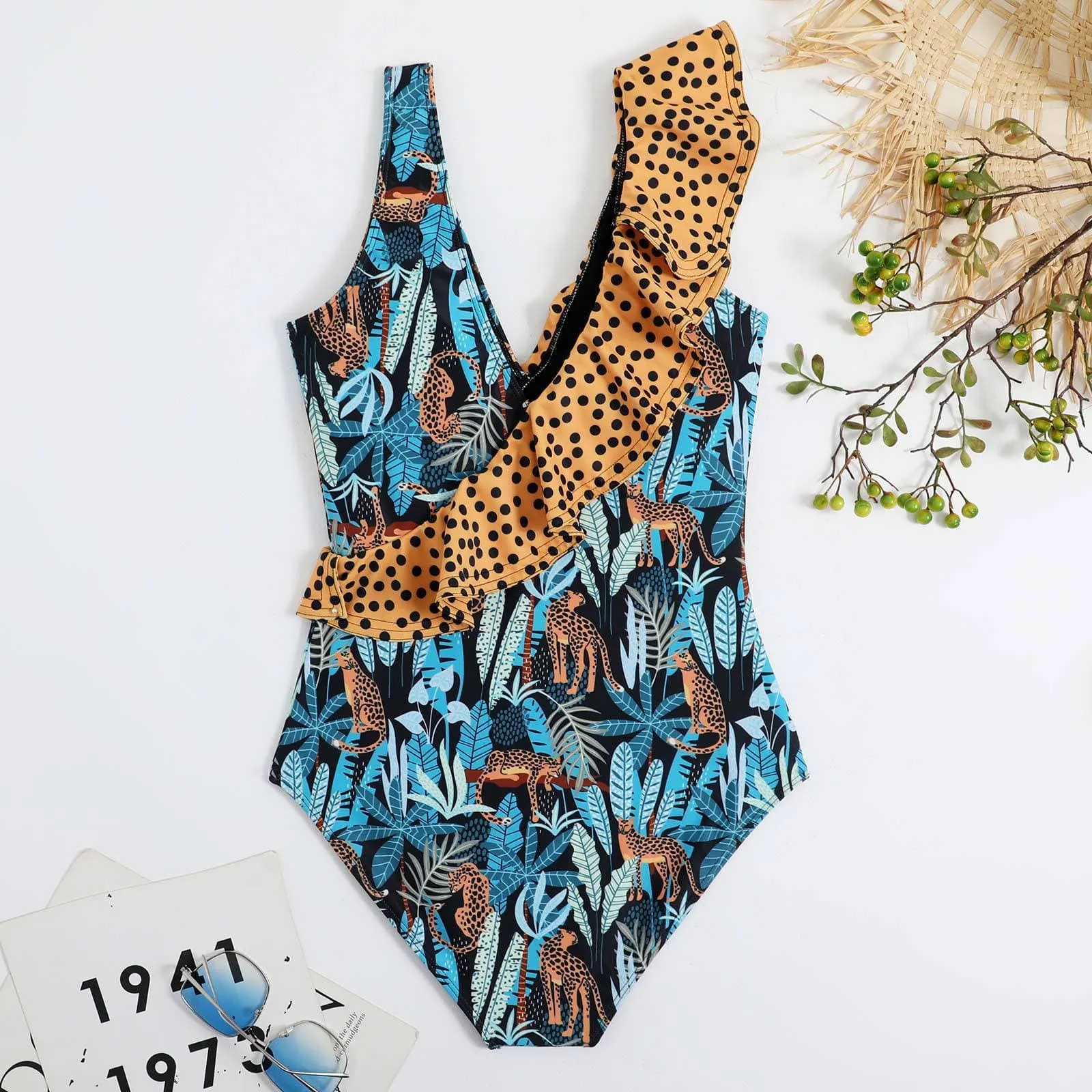 Ruffle contrast leaf print irregular one piece swimwear