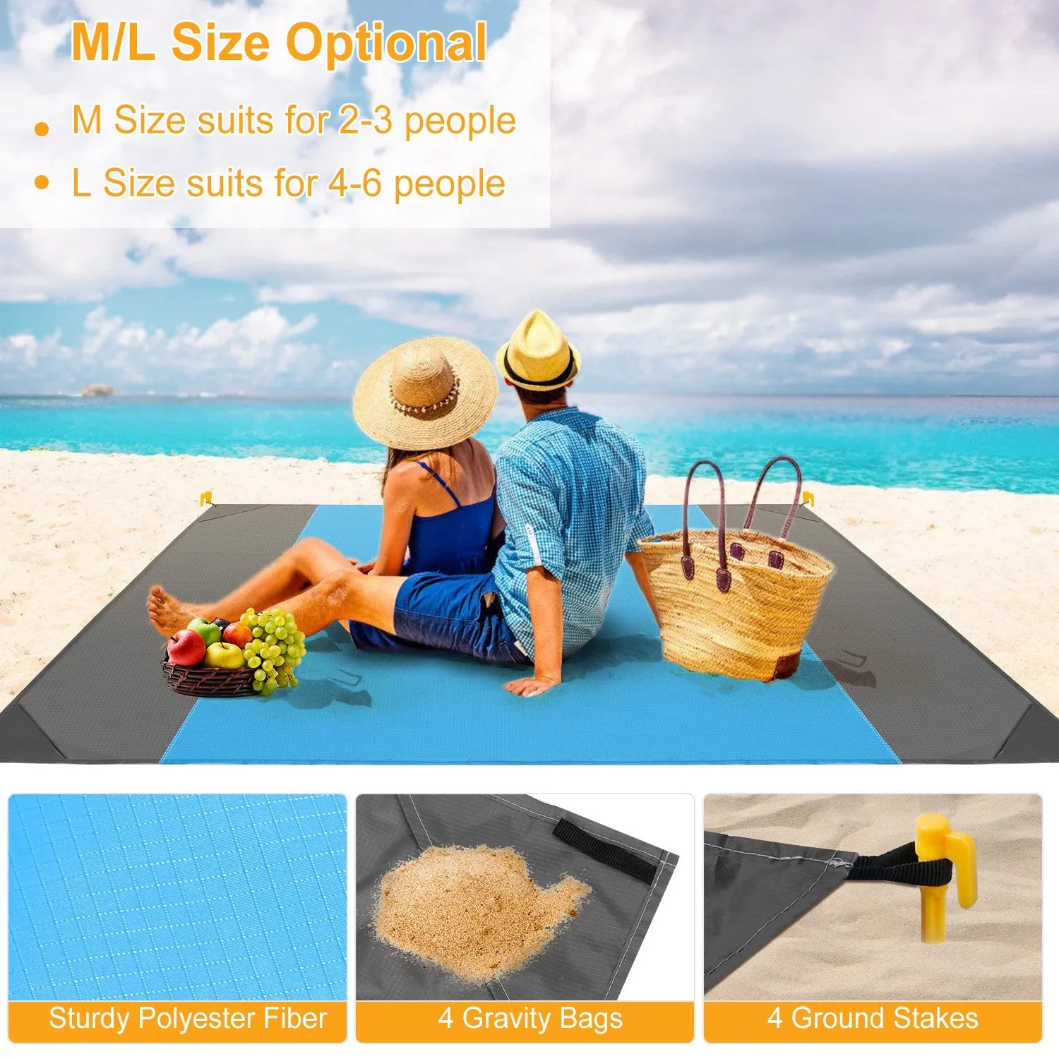 Sand Proof Picnic Blanket with 4 Anchors