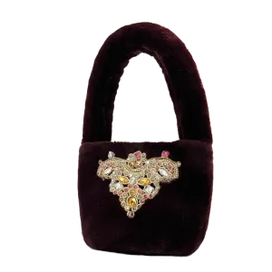 Sandy Faux Fur Jeweled Patch Purse in Burgundy