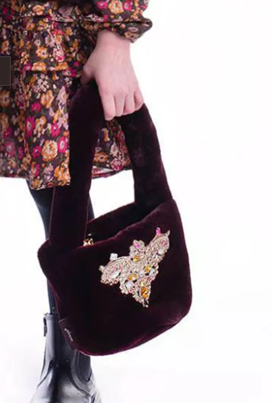 Sandy Faux Fur Jeweled Patch Purse in Burgundy