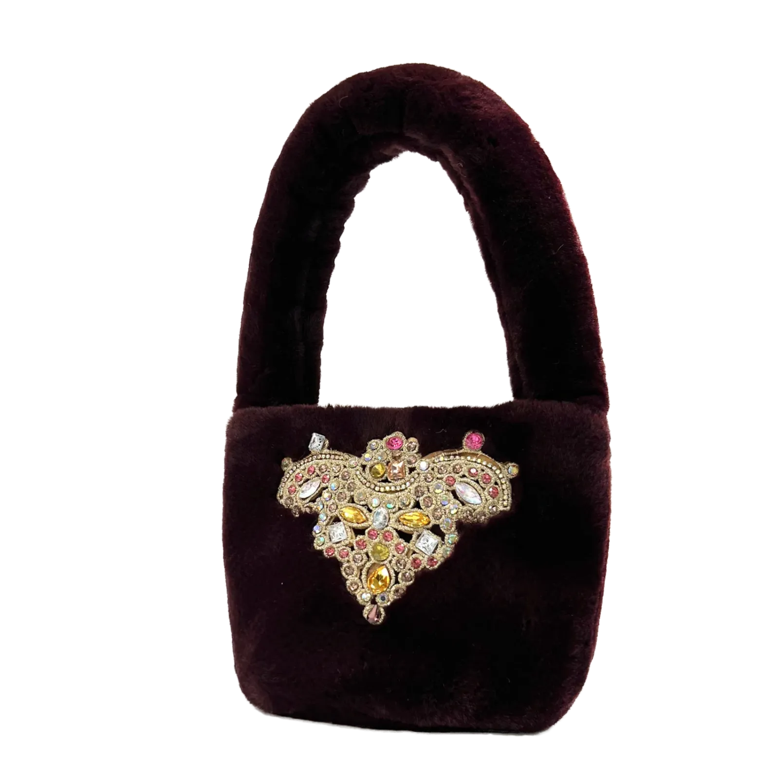 Sandy Faux Fur Jeweled Patch Purse in Burgundy