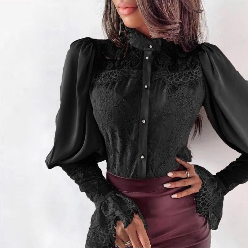 Sexy Flare Sleeve Embroidery Lace Blouse Shirt