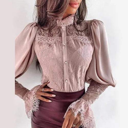 Sexy Flare Sleeve Embroidery Lace Blouse Shirt