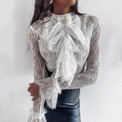 Sexy Flare Sleeve Embroidery Lace Blouse Shirt