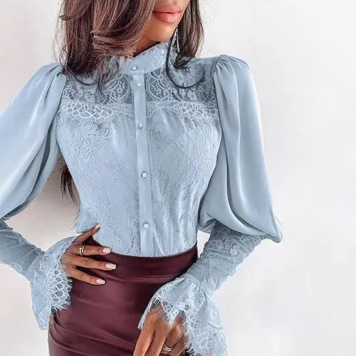 Sexy Flare Sleeve Embroidery Lace Blouse Shirt