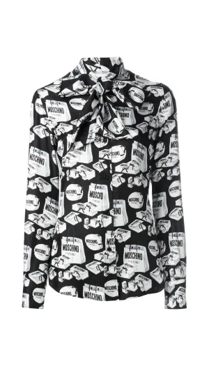 Shopping bag print neck tie blouse